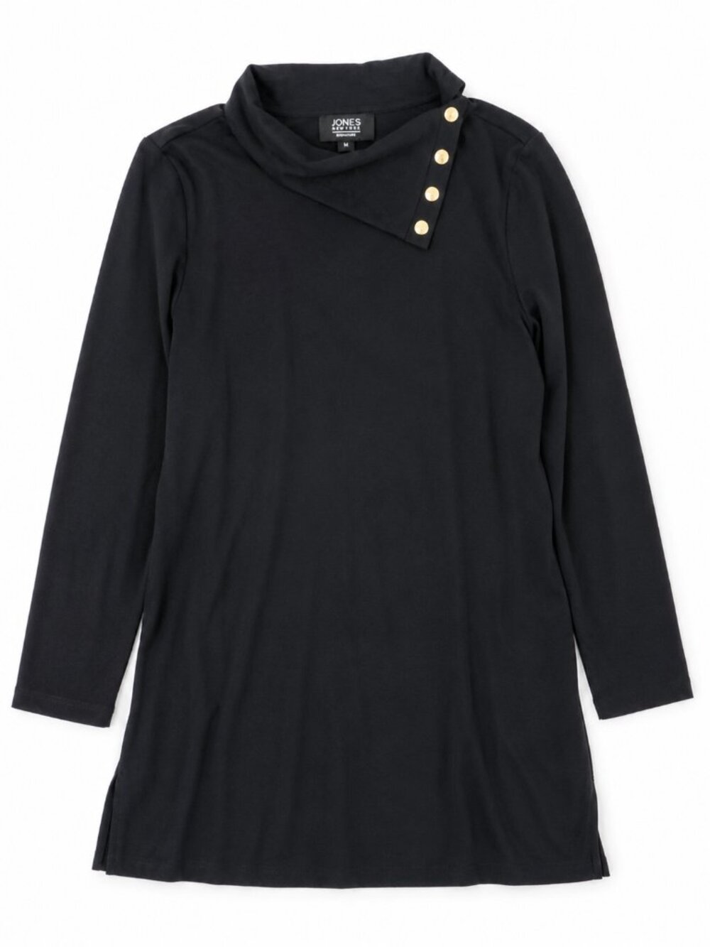 Jones New York Signature Black Tunic Top with Gold Button Detail – Size Medium